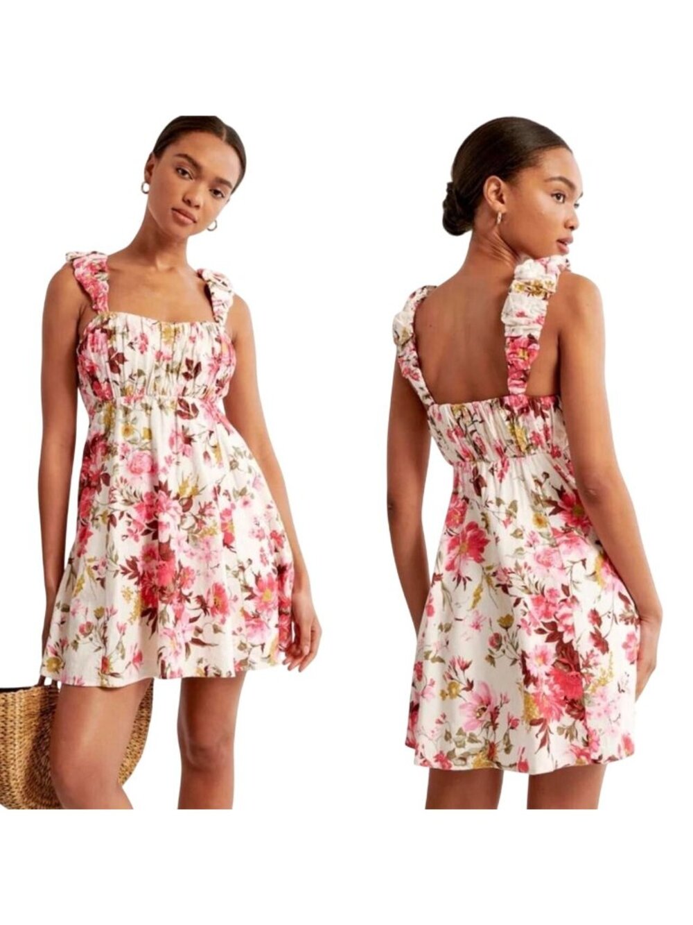 Abercrombie Floral Babydoll Dress Sz M Linen Blend Trendy Puff Sleeve Romantic - Picture 1 of 12